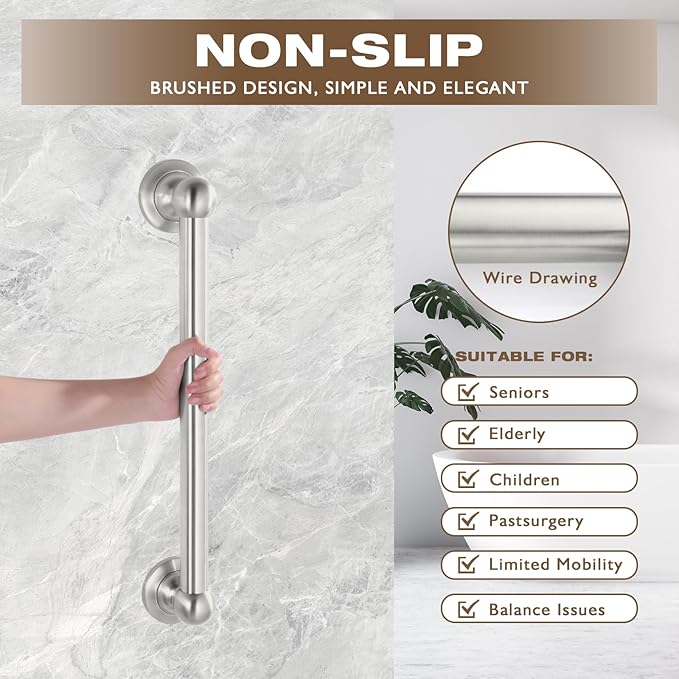 Anti Slip Shower Grab Bar, Safety Bathroom Assist Handle, ADA Compliant Handrail, Heavy Duty Handicap Grab Bars for Elderly, Injured, Senior, Children (Brushed Nickel, 24 Inches)