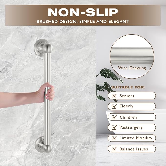 Anti Slip Shower Grab Bar, Safety Bathroom Assist Handle, ADA Compliant Handrail, Heavy Duty Handicap Grab Bars for Elderly, Injured, Senior, Children (Brushed Nickel, 12 Inches)