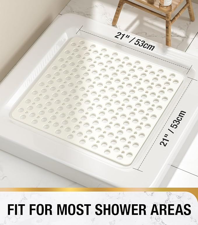HITSLAM Shower Mat Anti Slip, 21x21 Inch No Odor Soft TPE Bathroom Shower Stall Floor Mat, Square Bath Mat for Tub Non Slip with Suction Cups and Drain Holes, Machine Washable, Soft on Feet, White
