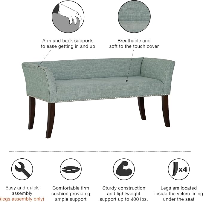 Madison Park Accent Bench for Living Room, Upholstered with Nailhead Trim, & Padded Seat Entryway Bench Small, End of Bed Bench with Back, 49.5" W x 19.25" D x 23" H, Light Blue