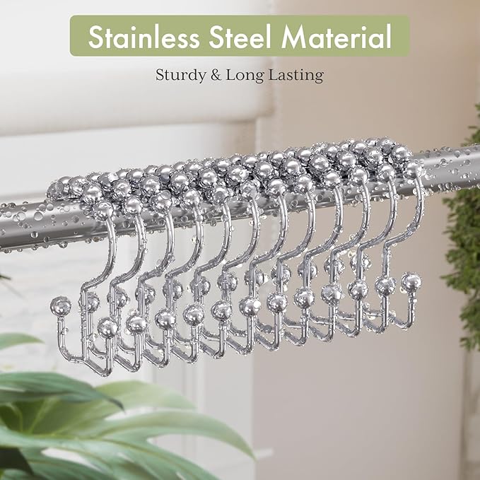 Amazer Shower Curtain Hooks Rings, Rust-Resistant Stainless Steel Double Shower Curtain Hooks, Shower Hooks for Shower Curtain and Liner Bathroom, Set of 12, Chrome