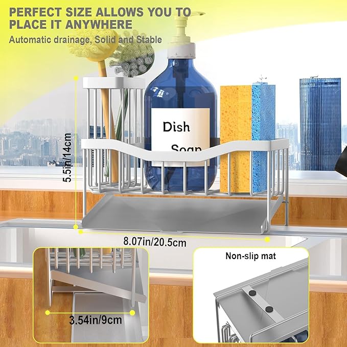 Maifan Sink Caddy Sponge Holder for Kitchen with Brush Holder and Stainless Steel Self Drain Tray, Rustproof Kitchen Sink Organizer for Sponge, Soap Dispenser Storage Accessories (Lacquer Silver)