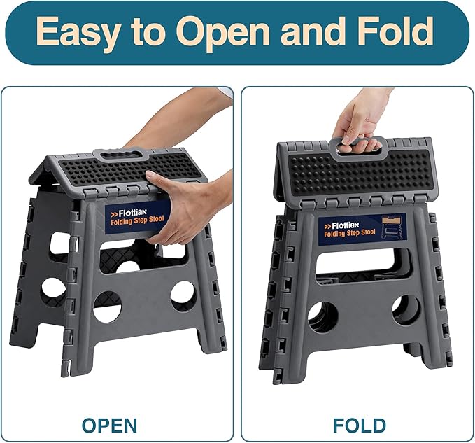 Flottian 13" Folding Step Stool for Adults and Kids Holds Up to 300 lbs,Non-Slip Folding Stools with Handle, Compact Plastic Foldable Step Stool for Bathroom,Bedroom, Kitchen Gray,1PC