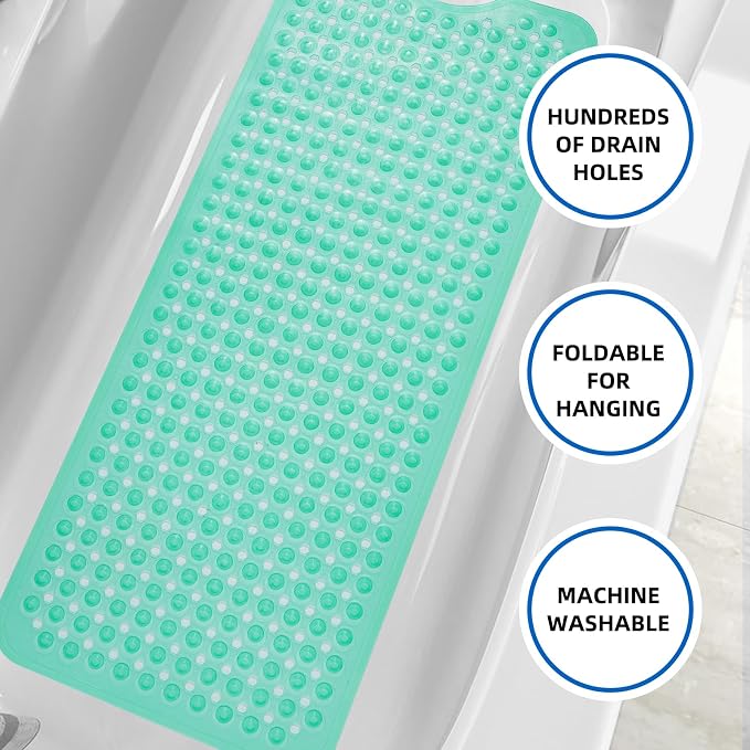 ZHICHENG Bath Tub and Shower Mats, Non-Slip 39 x 16 Inch Extra Long Bath Mat, Machine Washable Bathtub Mat with Drain Holes, Suction Cups for Bathroom (Colour Green)