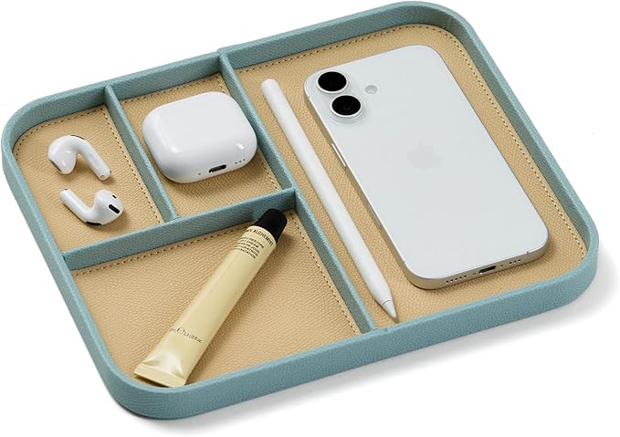 Nordik Leather Valet Tray - Seafoam Mist - 9.5 x 7.9 Inch Medium Vegan Leather Tray - Stylish Nightstand Organizer for Men - Modern Bedside Caddy - EDC Catchall for Key Watch Wallet Jewellery
