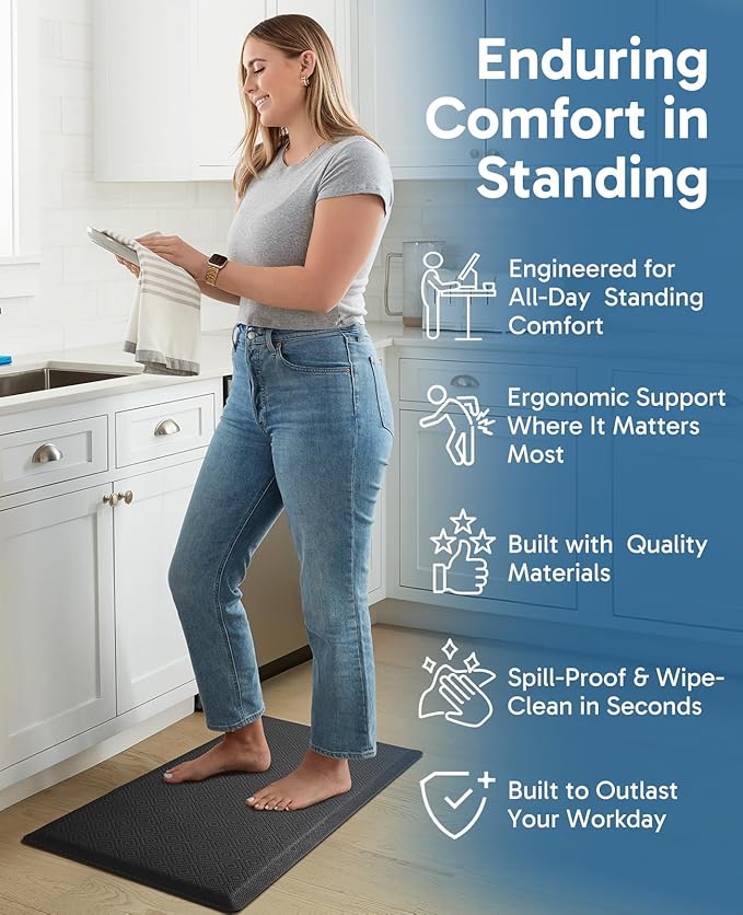 Ophanie Kitchen Mats for Floor, 1/2 inch Thick, 20x32 Anti Fatigue Cushioned Mat, Kitchen Rugs, Waterproof, Comfort Ergonomic Standing Mat for Office, Home, Sink, Black Non-Slip Ridged Bottom