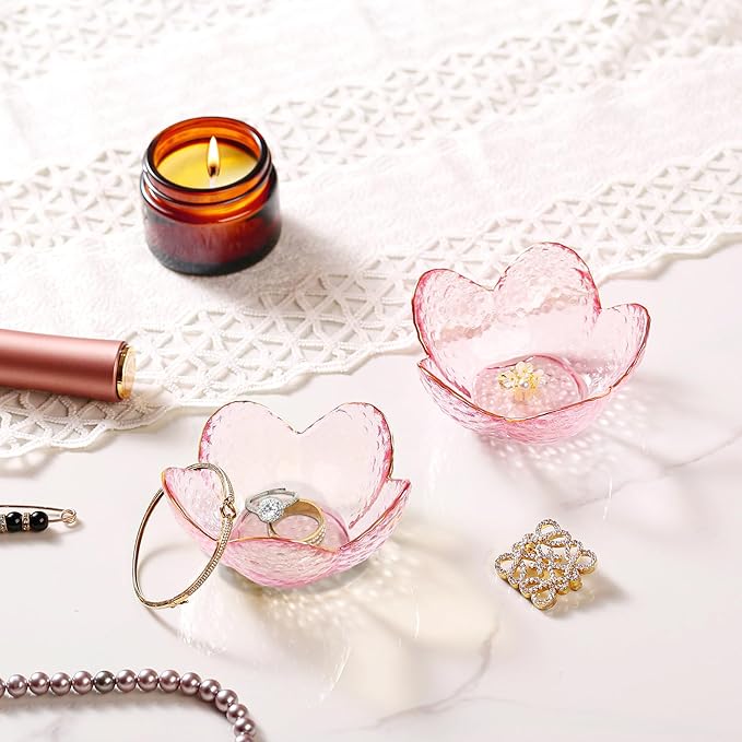 Gifts for Women Trinket Dish Flower Jewelry Dish Pink Glass Ring Holder Jewellery Tray Cute Room Decor Aesthetic Bedroom Accessories Unique Birthday New Home Mothers Day Gifts for Women Friends(2 pcs)