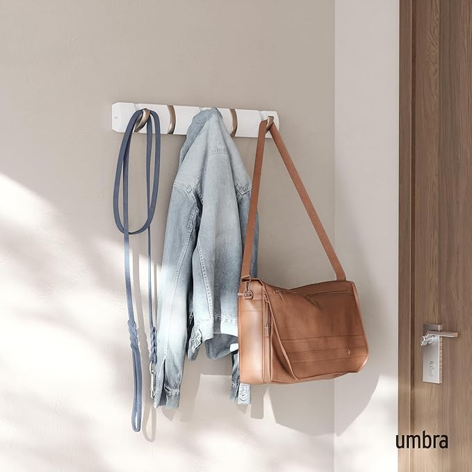 Umbra Flip Wall-Mounted Coat Rack with 5 Hooks – Modern, Space-Saving Storage for Hats, Jackets, Bags, Entryway, Mudroom, Closet, Bathroom, Bedroom – White/Nickel