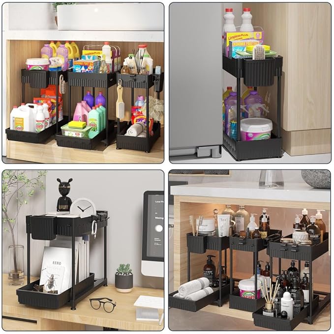 Sevenblue 3 Pack Under Sink Organizers,2-Tier Multi-Use Kitchen and Bathroom Organizers and Storage with Sliding Drawers,Bathroom Cabinet Organizer (Black, 12.8 Inch)