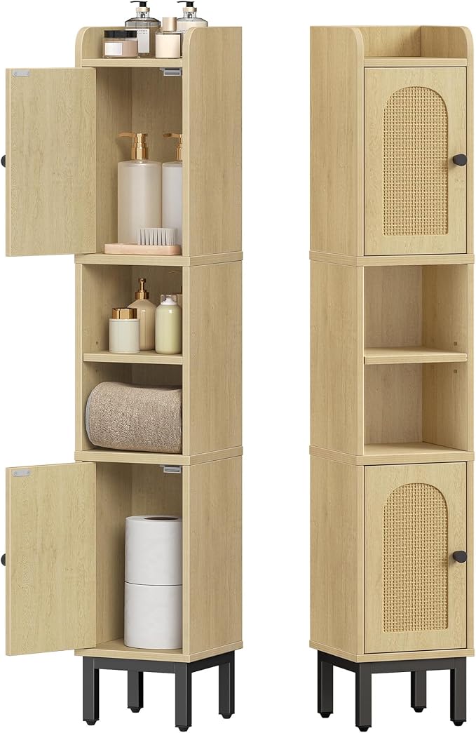 Hzuaneri Slim Bathroom Storage Cabinet, Narrow Bathroom Organizers and Storage with 4 Adjustable Feet, Laundry Room Organization for Small Space, Kitchen, Living Room, 2 Doors Rattan Yellow BC22402Y