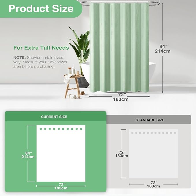 Dynamene Extra Long Shower Curtain - 84 Inch Long Waffle Weave Heavy Duty Fabric Bathroom Shower Curtain, Neutral Weighted Hotel Thick Bath Curtain Set with 12 Plastic Hooks,72x84, Mint Green