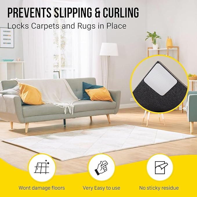 Alien Grip Rug Gripper Carpet Tape - 20pcs, 4x4 in. Anti-Slip Hardwood, Tile Floor, No Damage - Double Sided Reusable, Non Slip Corner Rug Pads - As Seen on TV
