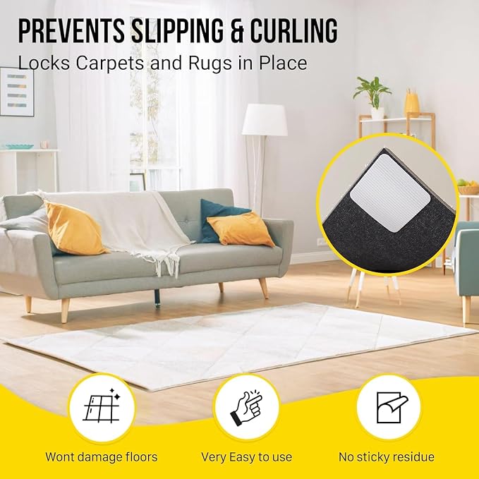 Alien Grip Rug Gripper Carpet Tape - 36pcs, 4x4 in. Anti-Slip Hardwood, Tile Floor, No Damage - Double Sided Reusable, Non Slip Corner Rug Pads - As Seen on TV
