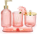 Haturi Bathroom Accessories Set, 4 Pcs Pink Glass Bathroom Accessories Sets Complete w/Lotion Soap Dispenser, Toothbrush Holder, Apothecary Jar, Vanity Tray, Bathroom Decor, Gift for Home Apartment