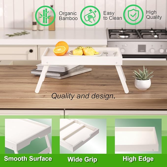 Fibogollo 2 Pack Bamboo Bed Tray Table with Folding Legs,Breakfast Trays,Serving Tray for Food and Snack,Laptop Trays for Working(White)