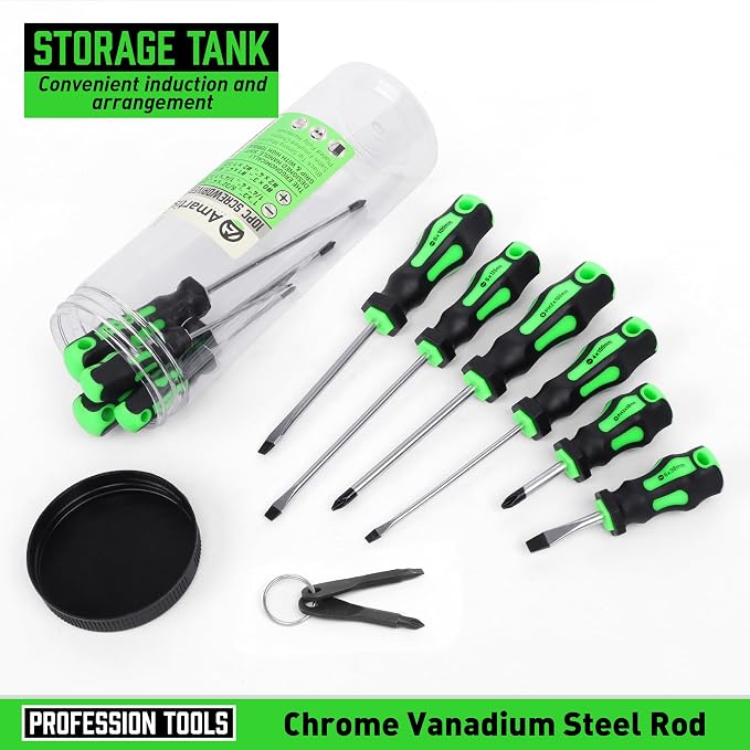 Amartisan 10-Piece Magnetic Screwdrivers Set, 5 Phillips and 5 Slotted Tips Professional Cushion Grip Screwdriver Set 2pcs Portable Multifunction Key Mini Screwdriver (Green)