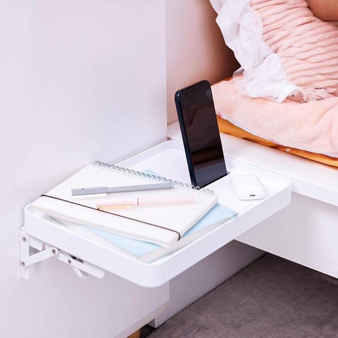 KIWIFOTOS 12.9" Floating Bedside Shelf for Bed Foldable Wall Mounted Shelf Adhesive Tablet Phone Storage Organiser for Bedroom Nursery Dorm Living Room