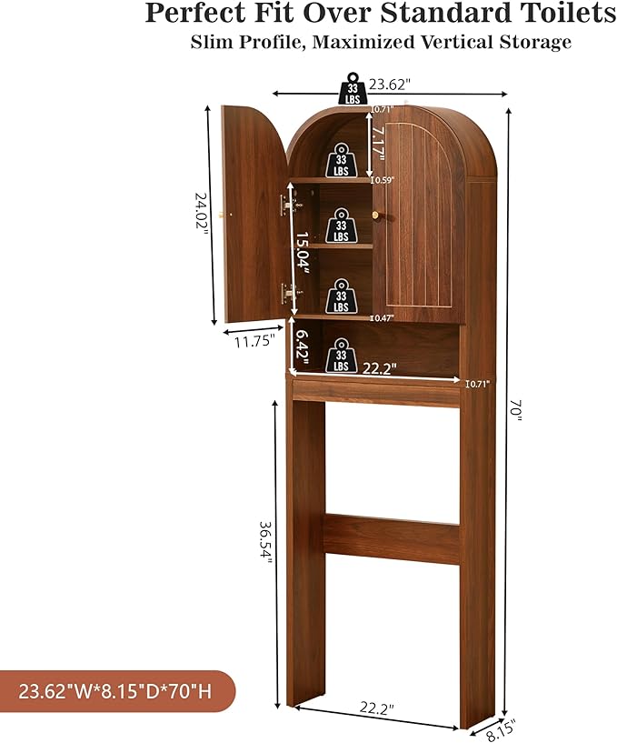 Over the Toilet Storage Cabinet, 70" Tall Bathroom Space Saver with Fluted Grooved Doors, Freestanding Over Toilet Organizer with Adjustable Shelves & Soft-Close Hinges for Small Bathrooms (Walnut)
