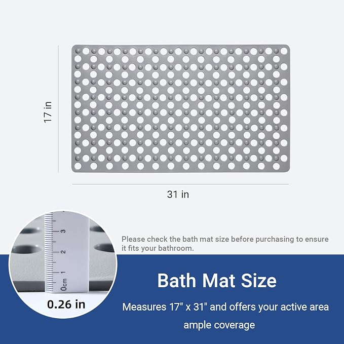 Non Slip Bathtub Mat and Shower Mat 31x17 inch,Bath Mat with Quick Dry Drain Holes and Suction Cups, Soft Comfortable Safe Bathroom Mat for Bath Tub, Floor, Tile (Grey)