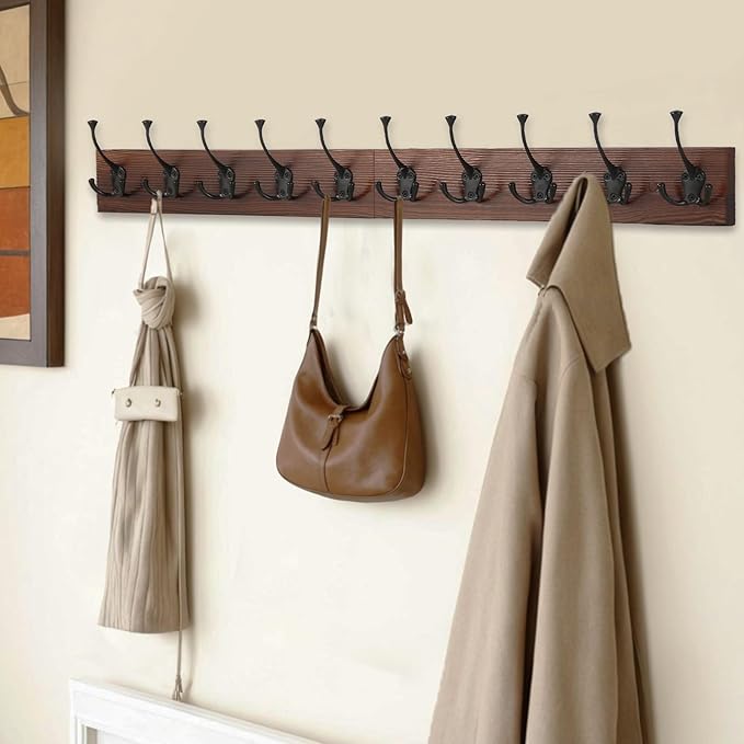 IBosins 34'' Coat Rack Wall Mount with 10 Decorative Tri-Hooks, Heavy Duty Wood Coat Hanger, Rustic Coat Hooks Rail for Entryway Living Room Coat Scarf Bag Towel Hat