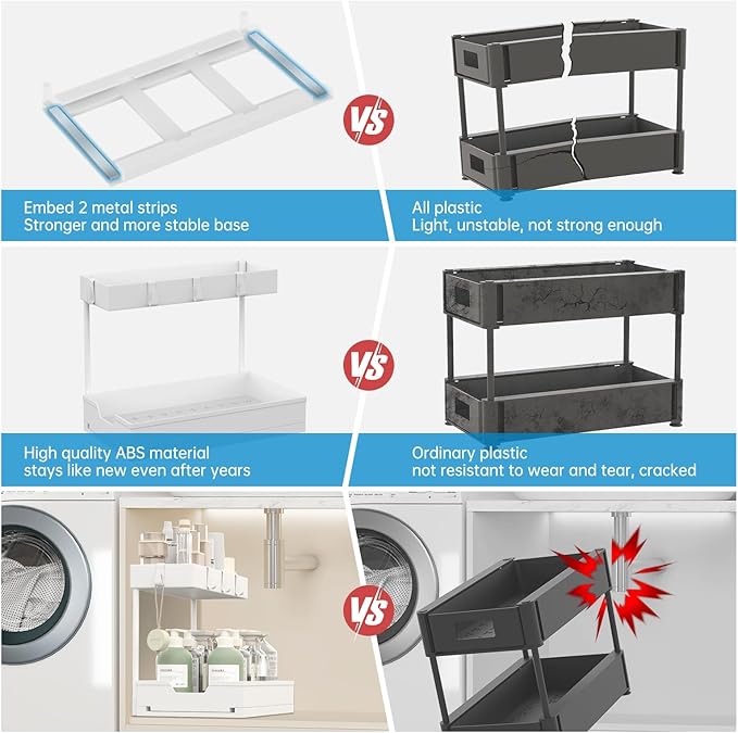 NATURE'S SOURCE 2-Tier Under Sink Organizers and Storage 2 Pack Sliding L-shape Under Cabinet Organizers For Narrow Space Multi-purpose Sink Organizer for Bathroom Kitchen Drawer(White 2 Pack)