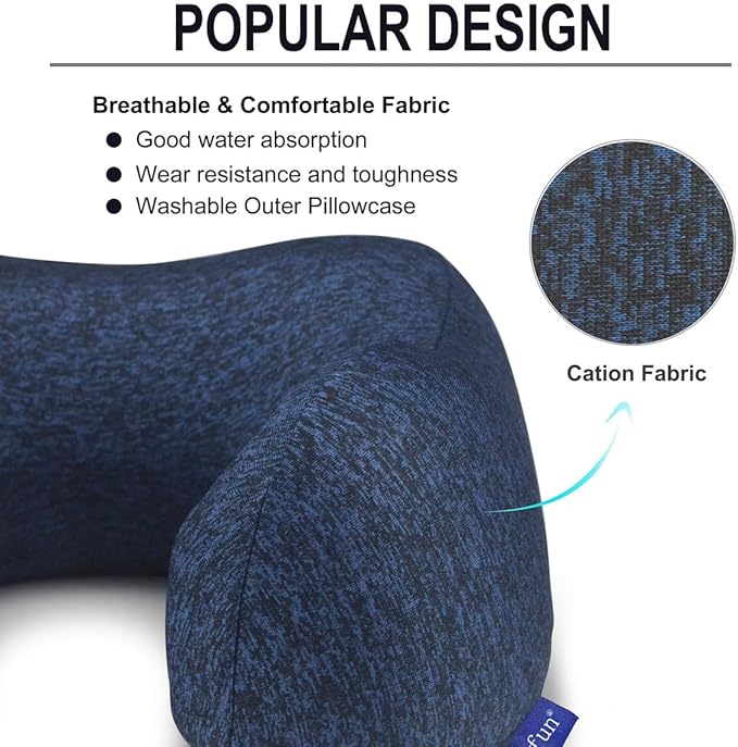 napfun Neck Pillow for Traveling, Upgraded Travel Neck Pillow for Airplane 100% Pure Memory Foam Travel Pillow for Flight Headrest Sleep, Portable Plane Accessories, Blue