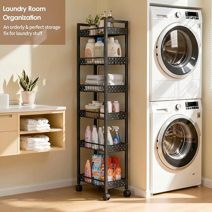 6 Tier Slim Storage Cart, Narrow Rolling Cart with Wheels, Narrow Mobile Utility Shelf Unit Organizer for Kitchen, Bathroom, Laundry Room, Living Room, Small Places, 6in(W), Black