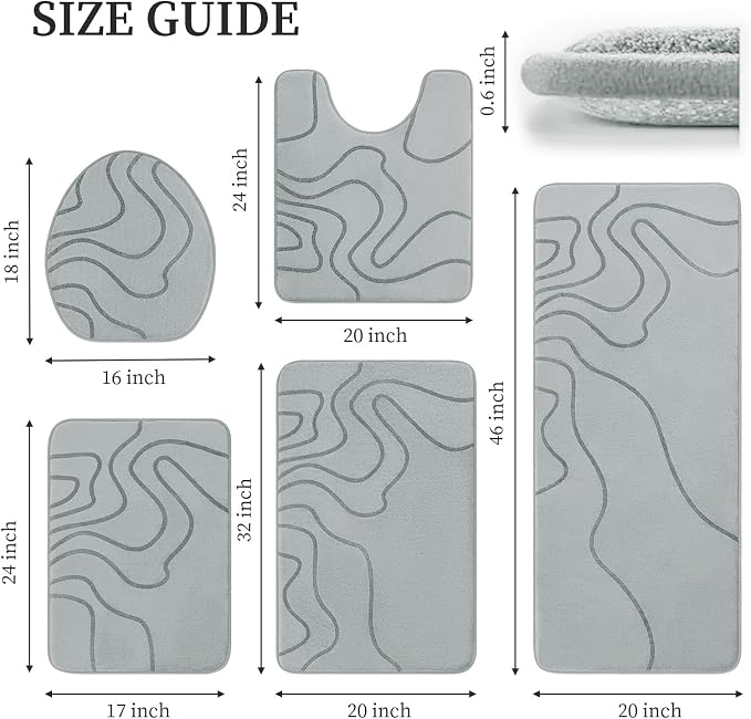 YIHOUSE Memory Foam Bathroom Rugs Sets 5 Piece - Extra Thick Ultra Soft Absorbent Bath Mat Set, Non-Slip Machine Washable Bath Rugs for Bathroom, Tub & Shower, Home Decor Accessories, Grey