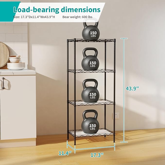BestOffice | 4-Tier Wire Storage Shelves | 12"D x 18"W x 44"H | Black | with Adjustable Racks PP Liners | Compact Metal Shelf, Holds Upto 600 lbs | Ideal for Kitchens Closets Bathrooms Small Corners