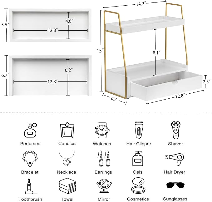 2-Tier Bathroom Organizer Countertop with Drawer, Wood Counter Organizer for Bathroom Decor, Sink Shelf for Vanity Storage, Makeup Tray for Perfume Skincare, Spice Rack Bedroom Kitchen Corner