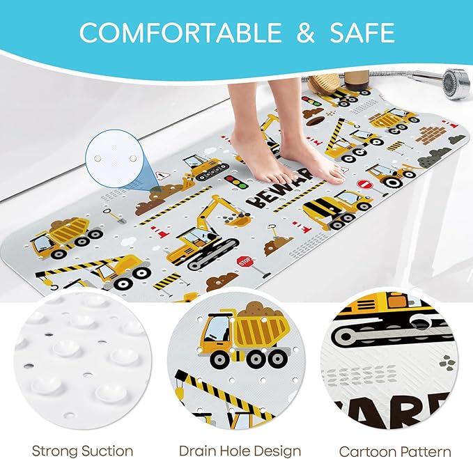 SHUCHING Baby Bath Mat for Tub Non Slip-40 X 16 Inch, Kids Bathtub Mat Mold Free, Long Shower Mat Anti Slip for Bathroom, Machine Washable, Vehicle