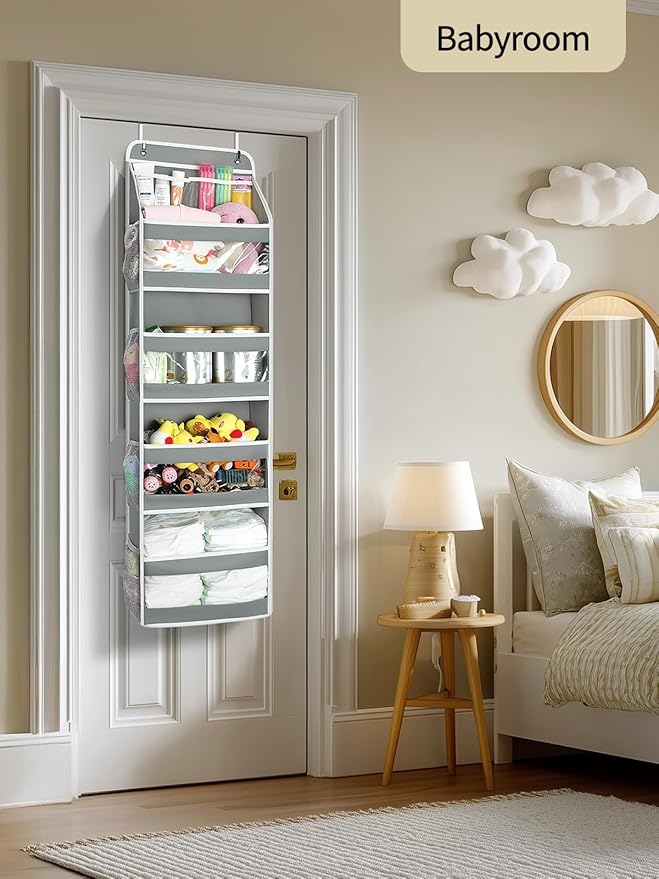 Yecaye 5 Tier 2 Pc Over the Door Organizer, Swing-proof Door Organizer Hanging with Clear PVC Windows, Behind the Door Storage for Bedroom Nursery Closet Laundry Pantry Bathroom, Grey