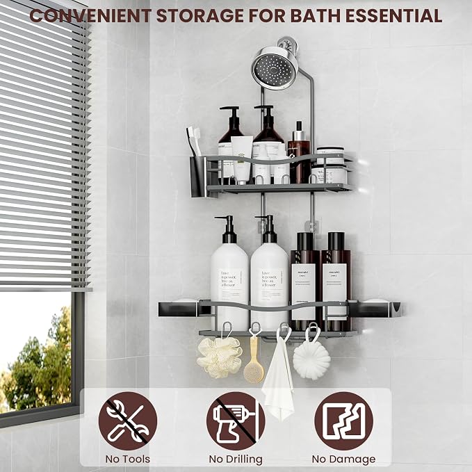 REINHARDT Shower Caddy Hanging, Rustproof Bathroom Caddy Anti-Swing Shower Organizer No Drilling Bath Racks with Soap Holder Multi Hooks Bathroom Storage for Shampoo Sponge, Grey