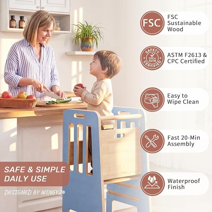 WINGYZ Toddler Tower - Anti-Tip Natural Wood Learning Stool for Kids 18M-6Y, 150lb Capacity Kitchen Stool with 3-Height Adjustable Platform and Sliding Door Access, 20lb Portable Design, Blue