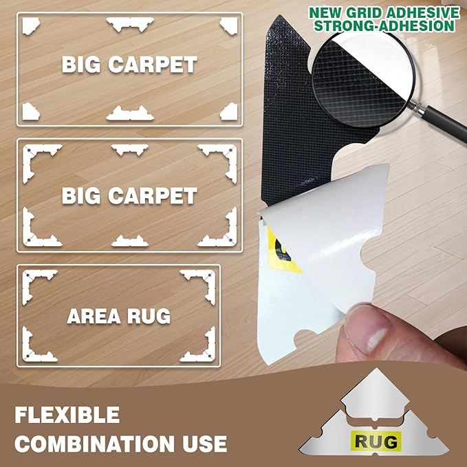 32 PCS Carpet Tape, Non Slip Rug Corner Pads for Hardwood Tile, No Residue | Reusable Removable Double Sided Adhesive,Secures Area Rug Corners,Fits Laminate LVP Floors,Rug Stickers,No Floor Damage