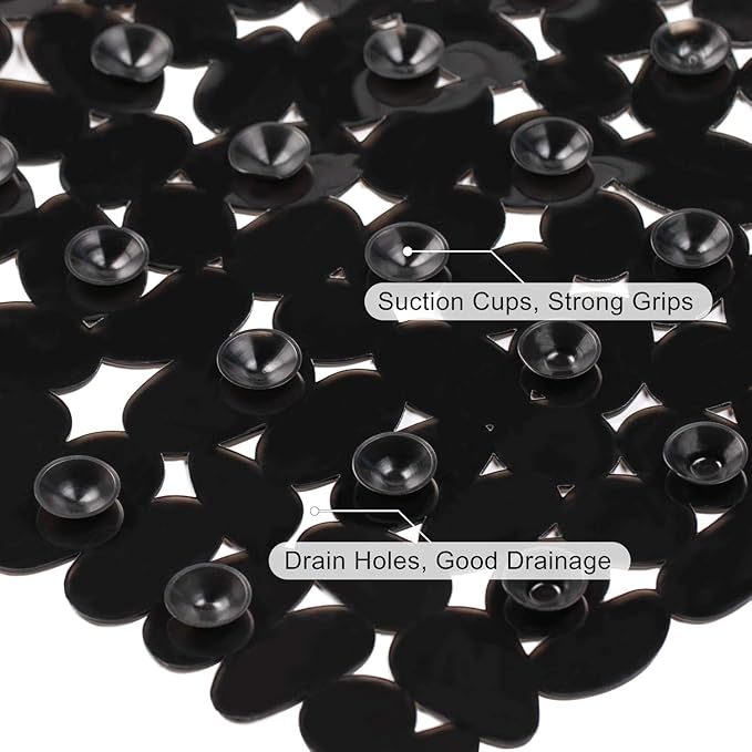 WELTRXE Non Slip Bathtub Mat 35 x 16 Inches Pebbles Shower Mats with Suction Cups, Drain Holes for Bathroom Showers, Tub, Machine Washable Bathroom Mats BPA, Latex Free Safe Tub Mats - Black