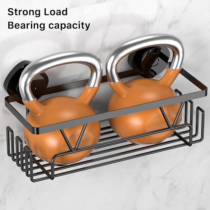 KEGII Shower Caddy Suction Cup – Removable Suction Bathroom Organizers Shelf with Soap Holder, Razor Holder & Hooks, Rustproof Shower Storage for Renters, No Drilling Black Bathroom Storage Basket