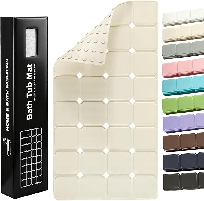 Yanzifly Non-Slip Silicone Bathtub Mat – Foldable, Machine Washable, Durable & Eco-Friendly Bath & Shower Mat with Strong Suction Cups, Large Drain Holes, Ideal for Family Use, 14.9 x 27.5in, Beige