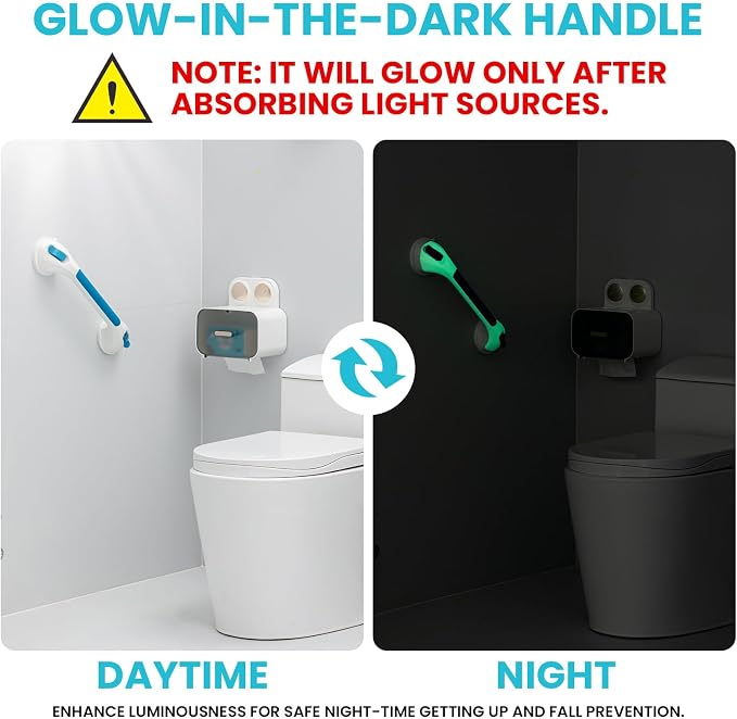 TAILI Shower Grab Bar Glow in The Dark, 2 Pack 16.8 in Grab Bars for Bathtubs and Showers,Shower Handles Rails for Seniors and Elderly,Bathroom Safety Grip Removable No Drilling Waterproof Blue,G9