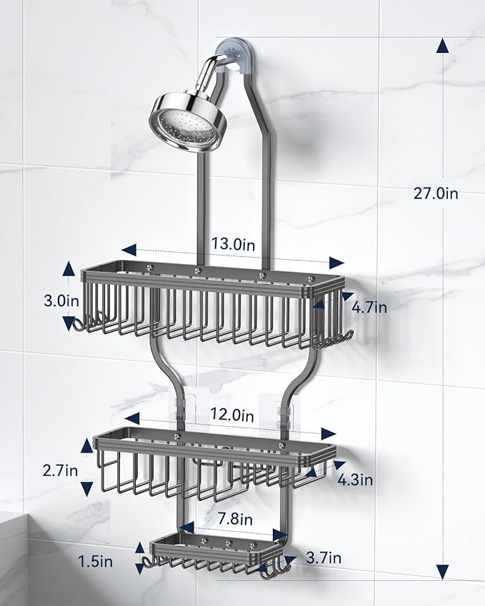 YASONIC Never Rust Shower Caddy Hanging, Aluminum Shower Racks for Inside Shower, 3-Tier Shower Organizer Hanging Over Shower Head with Hooks and Soap Holder, Grey