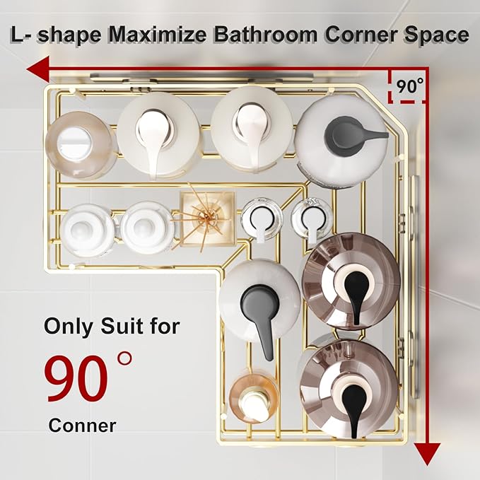 Liuoud Corner Shower Caddy 5 Pack, Rustproof Stainless Steel Shower Organizer with Soap Rack Toothbrush Holder, Large Capacity Adhesive No Drilling Bathroom Kitchen&Home Decor Set, Gold