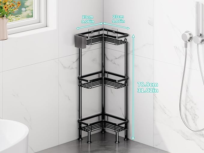 HapiRm Standing Shower Caddy Corner - 3 Tier Corner Shower Organizer with Toothbrush Holder and 12 Hooks, Large Capacity Rustproof Bathroom Shelves for Tall Bottles, Black
