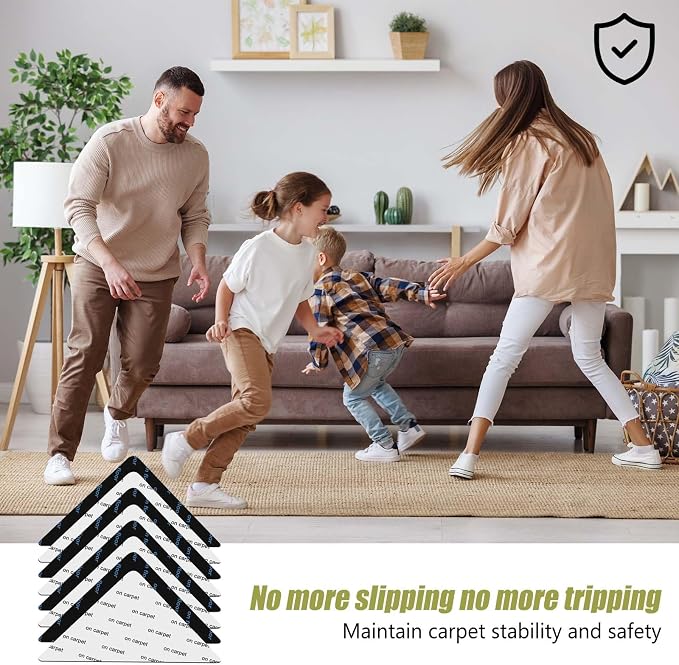 12 Pcs Rug Tape, Non Slip Carpet Tape for Hardwood Floors, Double-Sided Adhesive Rug Stickers Keep Corners Flat, No Residue/BPA-Free