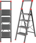 Foldable Step Ladder Stool for Home,4 Step Stool with Wide Anti-Slip Pedal, Heavy Duty 600Lbs Ladder for Indoor Kitchen Closet Stair Use,Black Red