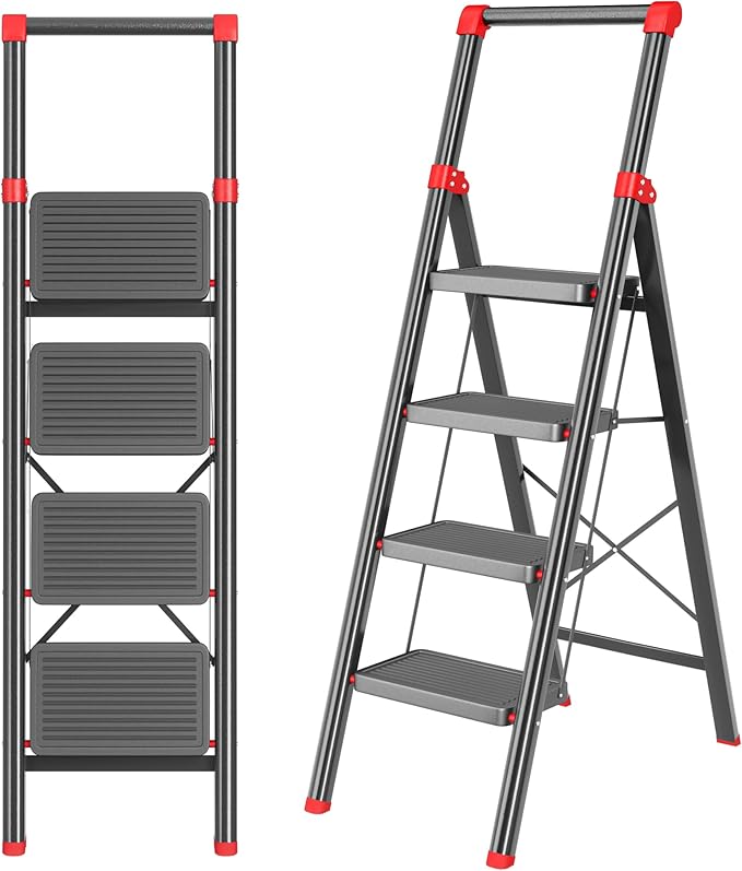 Foldable Step Ladder Stool for Home,4 Step Stool with Wide Anti-Slip Pedal, Heavy Duty 600Lbs Ladder for Indoor Kitchen Closet Stair Use,Black Red