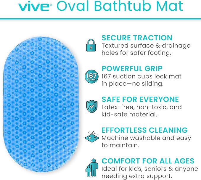 Vive Oval Bathtub Mat - Nonslip Shower Floor Pad - Non-Slip and Non-Skid for Bath Tub with Strong Rubber Suction Cup Grip - for Baby, Elderly, Kids, Bathroom (Blue)