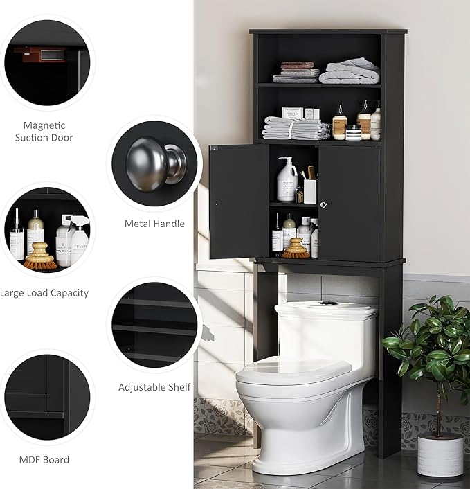 Over the Toilet Storage Cabinet for Bathroom, 75in Black Over Toilet Cabinet Freestanding Storage Organizer, Space Saver with Doors and Adjustable Shelf, Black