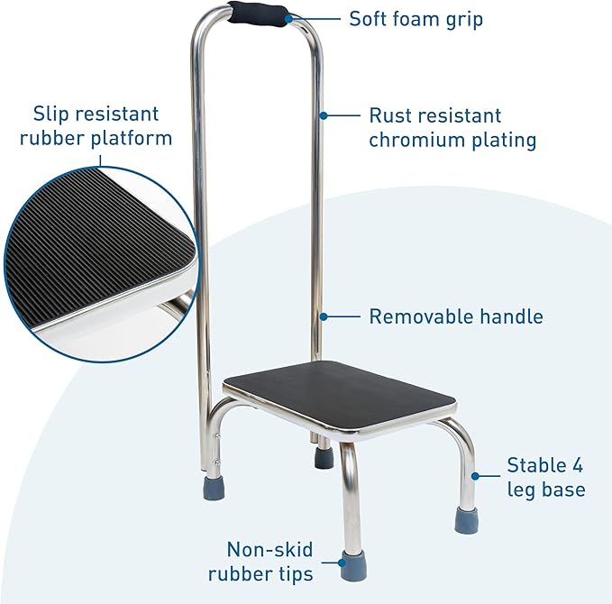 BodyMed Heavy-Duty Foot Step Stool with Handle and Non-Slip Rubber Platform for Seniors & Adults – Holds up to 300lbs, 9 ½ in. Step Up, 18”L x 11.5”W x 34”H