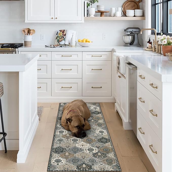 Lahome Moroccan Trellis Washable Runner Rug, 2x6 Runners for Hallways 6 Feet Non Slip Vintage Laundry Room Rug Vintage Ultra-Thin Long Carpet for Kitchen Bedroom Elise, Grey