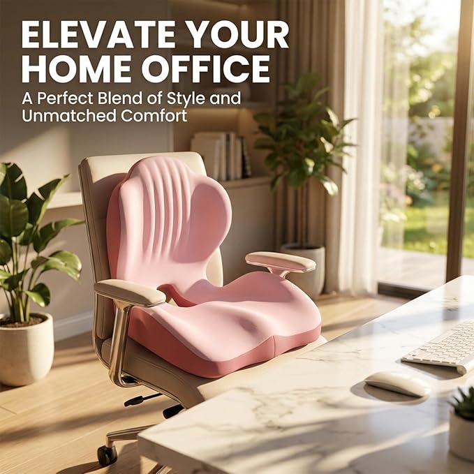SakerPlus Ergonomic Memory Foam Seat Cushion and Back Support Pillow, One Piece Chair Cushion with Lumbar Support, L Shaped Office Chair Cushion for Desk Chair, Car Seat, Computer Wheelchair (Black)